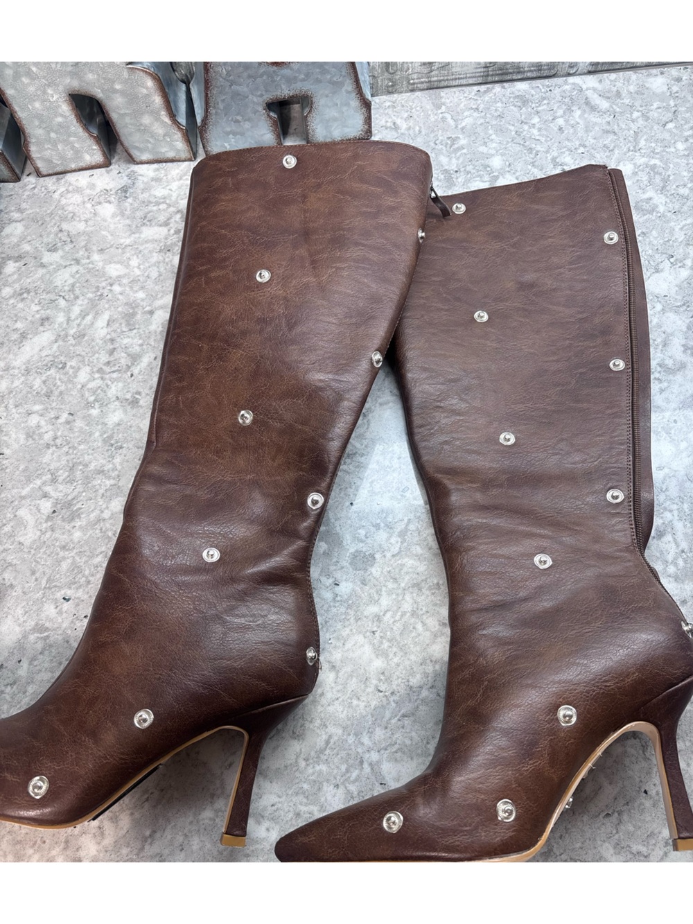 Brown Studded Knee-High Boots